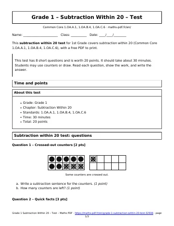 Subtraction within 20 test (1st Grade) – first page of the printable PDF