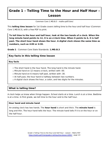 Telling time lesson (1st Grade) – first page of the printable PDF