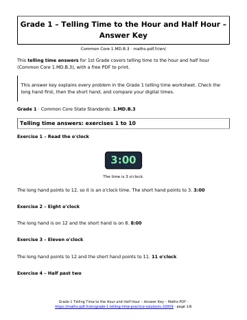 Telling time answers (1st Grade) – first page of the printable PDF