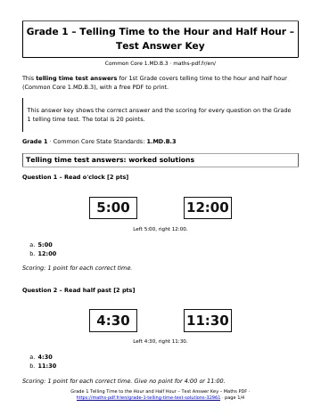 Telling time test answers (1st Grade) – first page of the printable PDF