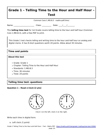 Telling time test (1st Grade) – first page of the printable PDF