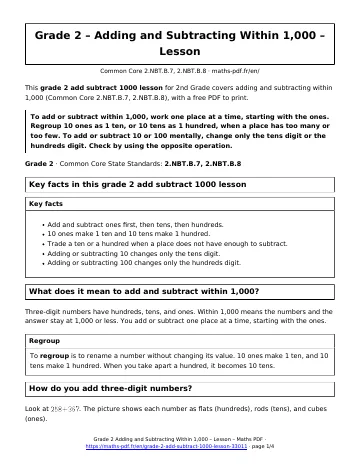 Grade 2 add subtract 1000 lesson (2nd Grade) – first page of the printable PDF