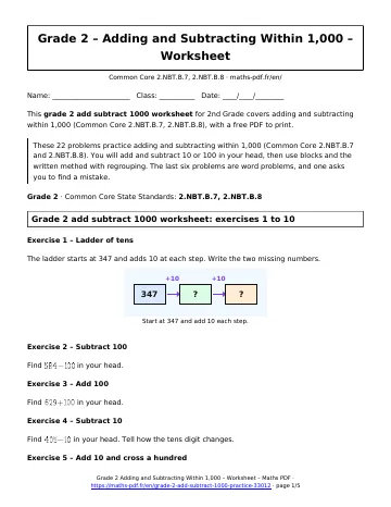 Grade 2 add subtract 1000 worksheet (2nd Grade) – first page of the printable PDF