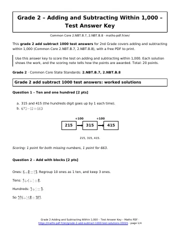 Grade 2 add subtract 1000 test answers (2nd Grade) – first page of the printable PDF