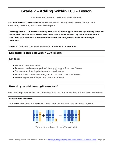 Add within 100 lesson (2nd Grade) – first page of the printable PDF