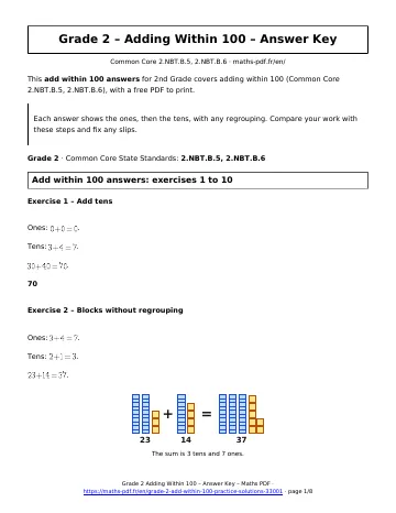 Add within 100 answers (2nd Grade) – first page of the printable PDF