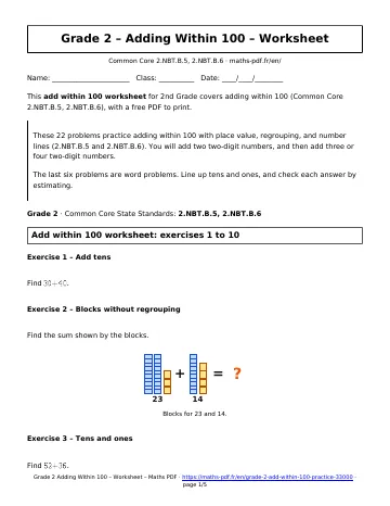 Add within 100 worksheet (2nd Grade) – first page of the printable PDF