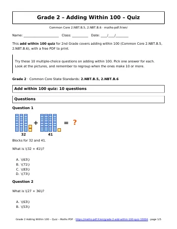 Add within 100 quiz (2nd Grade) – first page of the printable PDF