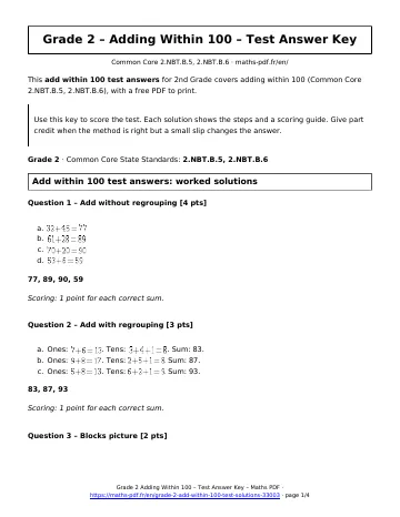 Add within 100 test answers (2nd Grade) – first page of the printable PDF
