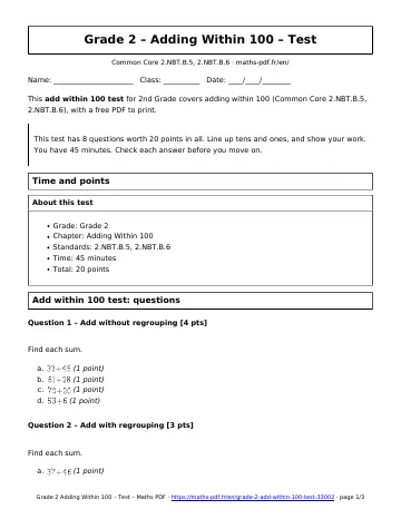 Add within 100 test (2nd Grade) – first page of the printable PDF