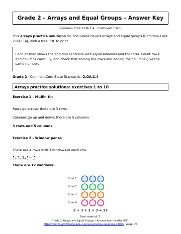 Arrays practice solutions (2nd Grade) – first page of the printable PDF