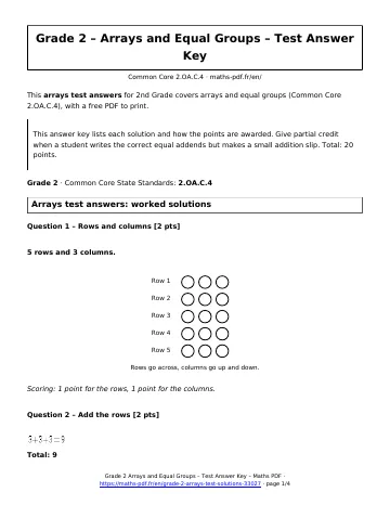 Arrays test answers (2nd Grade) – first page of the printable PDF