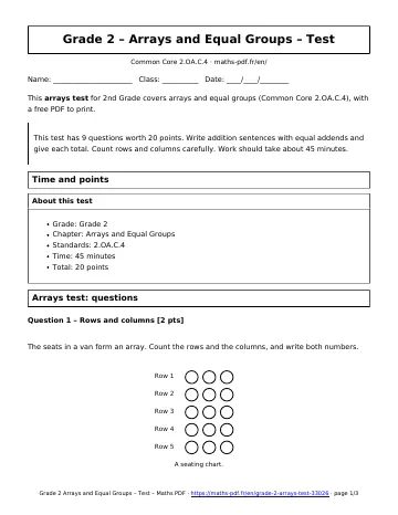 Arrays test (2nd Grade) – first page of the printable PDF