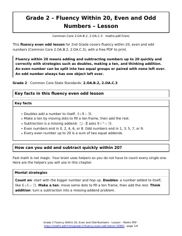 Fluency even odd lesson (2nd Grade) – first page of the printable PDF