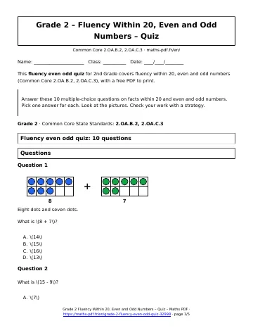 Fluency even odd quiz (2nd Grade) – first page of the printable PDF