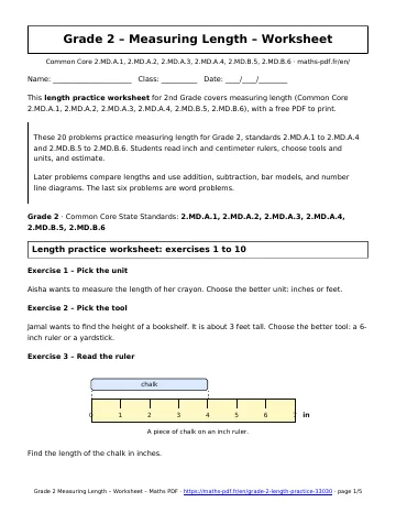 Length practice worksheet (2nd Grade) – first page of the printable PDF