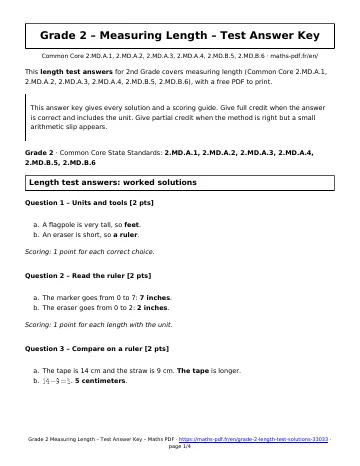 Length test answers (2nd Grade) – first page of the printable PDF