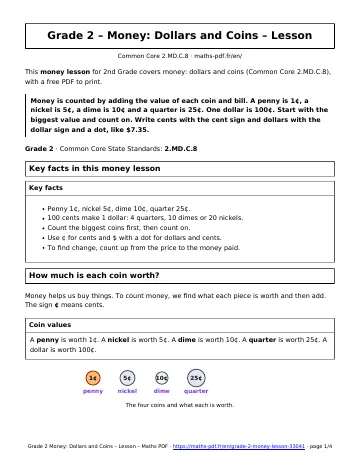 Money lesson (2nd Grade) – first page of the printable PDF