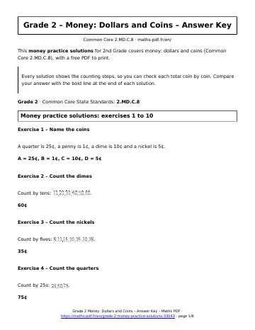 Money practice solutions (2nd Grade) – first page of the printable PDF