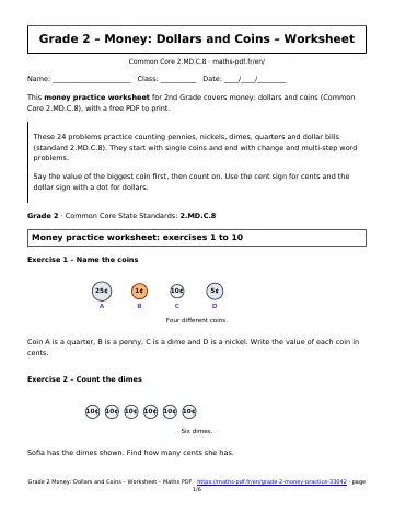 Money practice worksheet (2nd Grade) – first page of the printable PDF