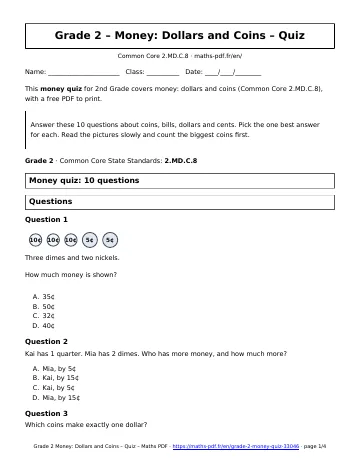 Money quiz (2nd Grade) – first page of the printable PDF