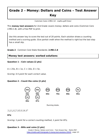 Money test answers (2nd Grade) – first page of the printable PDF