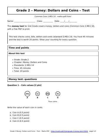 Money test (2nd Grade) – first page of the printable PDF