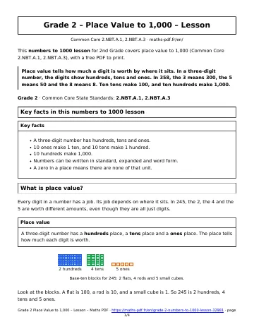 Numbers to 1000 lesson (2nd Grade) – first page of the printable PDF