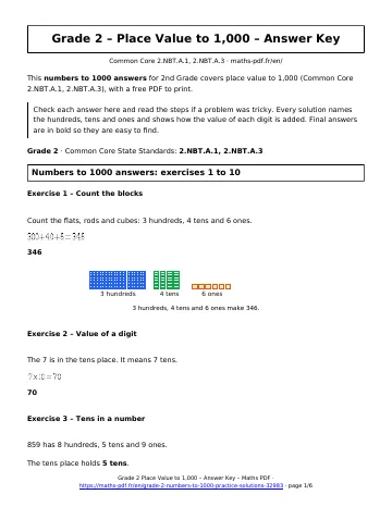Numbers to 1000 answers (2nd Grade) – first page of the printable PDF