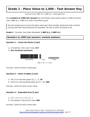 Numbers to 1000 test answers (2nd Grade) – first page of the printable PDF