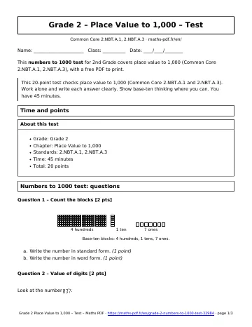 Numbers to 1000 test (2nd Grade) – first page of the printable PDF