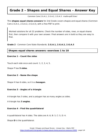 Shapes equal shares answers (2nd Grade) – first page of the printable PDF