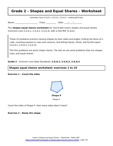 Shapes equal shares worksheet (2nd Grade) – first page of the printable PDF