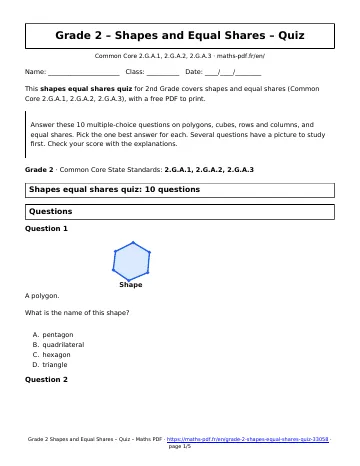 Shapes equal shares quiz (2nd Grade) – first page of the printable PDF