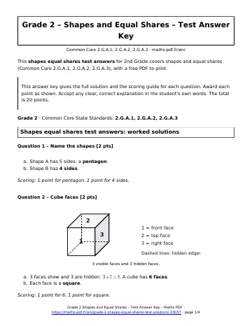 Shapes equal shares test answers (2nd Grade) – first page of the printable PDF