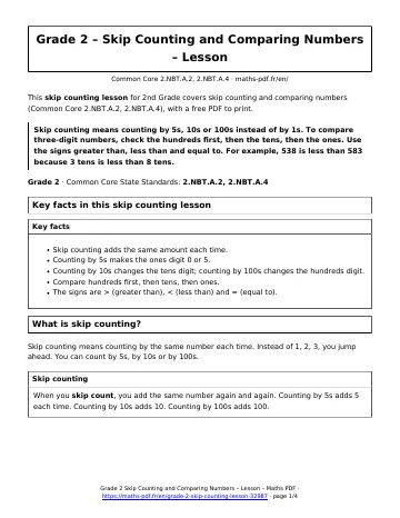 Skip counting lesson (2nd Grade) – first page of the printable PDF