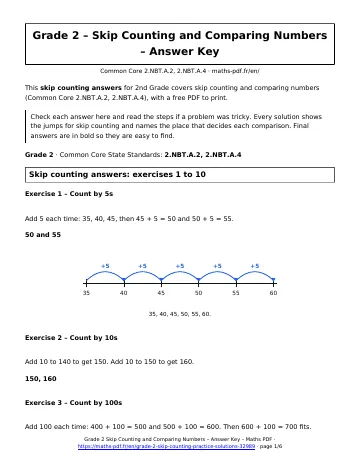 Skip counting answers (2nd Grade) – first page of the printable PDF