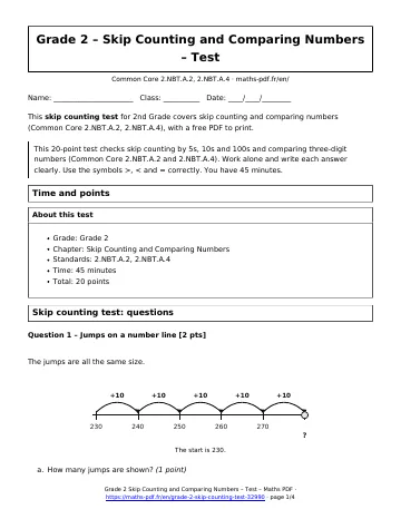 Skip counting test (2nd Grade) – first page of the printable PDF