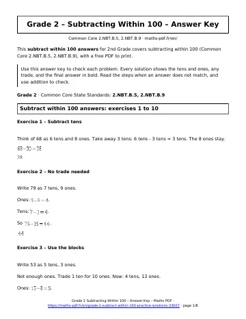 Subtract within 100 answers (2nd Grade) – first page of the printable PDF