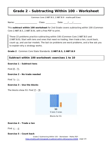 Subtract within 100 worksheet (2nd Grade) – first page of the printable PDF