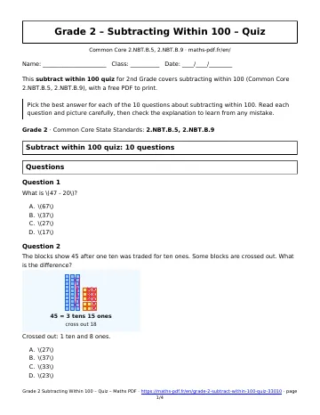 Subtract within 100 quiz (2nd Grade) – first page of the printable PDF