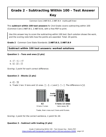 Subtract within 100 test answers (2nd Grade) – first page of the printable PDF