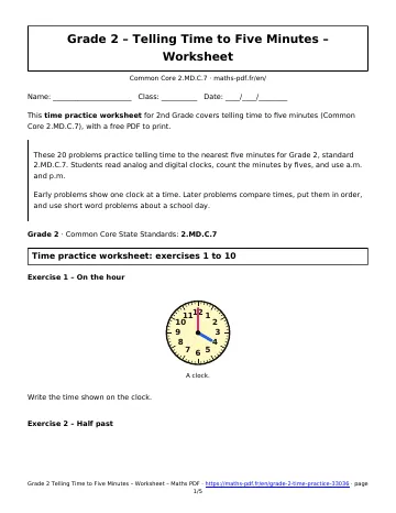 Time practice worksheet (2nd Grade) – first page of the printable PDF