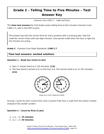 Time test answers (2nd Grade) – first page of the printable PDF