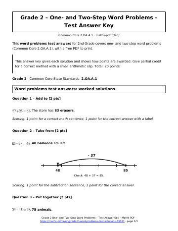 Word problems test answers (2nd Grade) – first page of the printable PDF