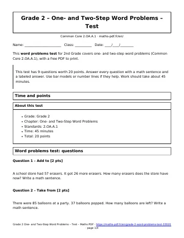 Word problems test (2nd Grade) – first page of the printable PDF