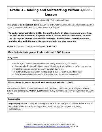 Grade 3 add subtract 1000 lesson (3rd Grade) – first page of the printable PDF