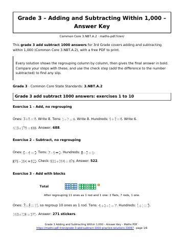 Grade 3 add subtract 1000 answers (3rd Grade) – first page of the printable PDF