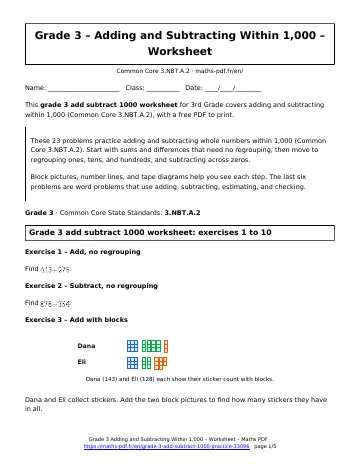 Grade 3 add subtract 1000 worksheet (3rd Grade) – first page of the printable PDF
