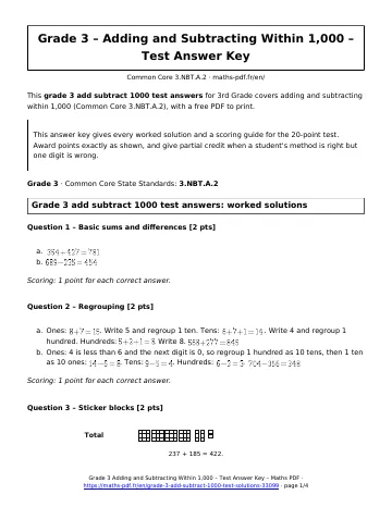 Grade 3 add subtract 1000 test answers (3rd Grade) – first page of the printable PDF